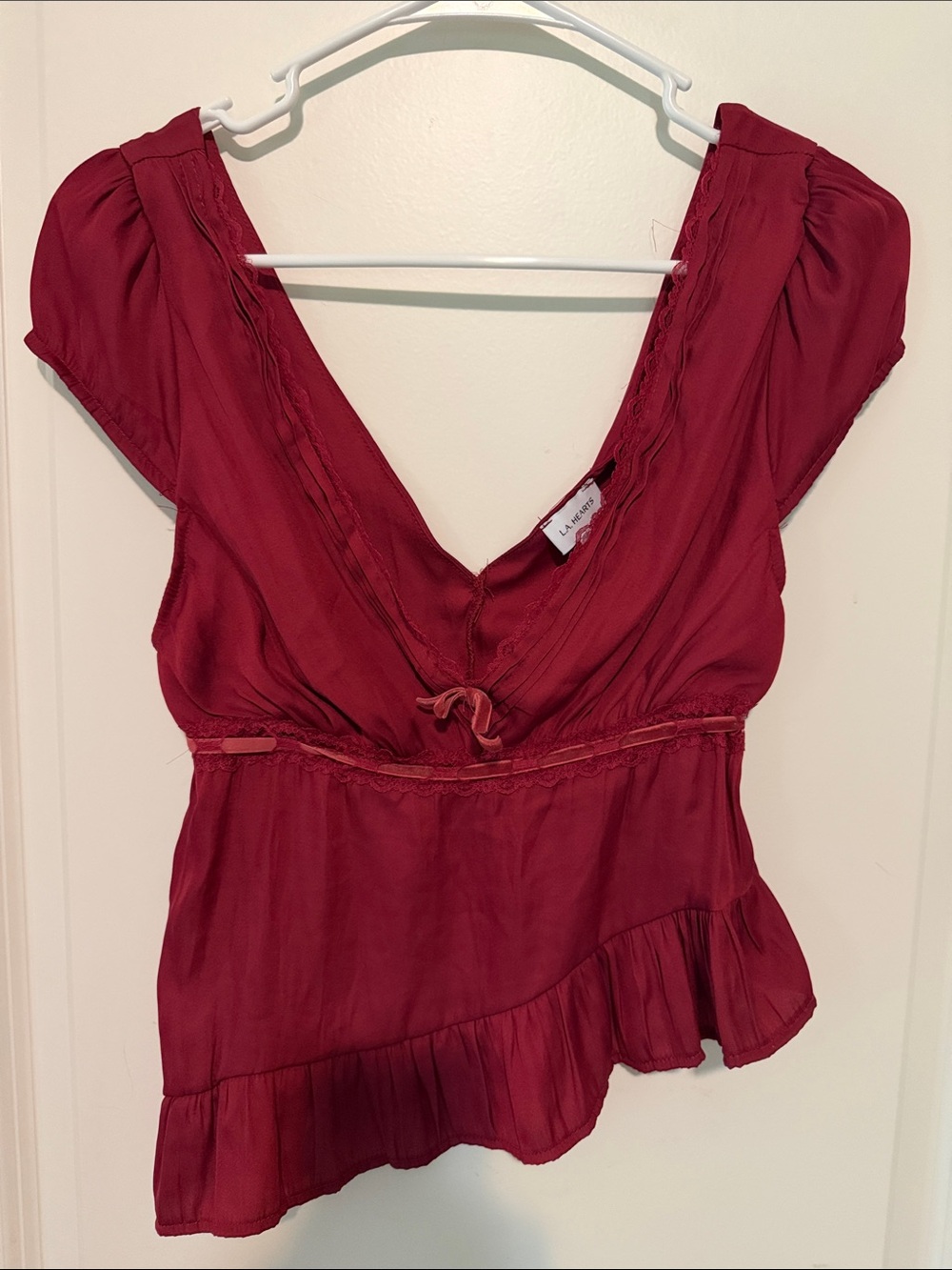 La Hearts Deep Red V-Neck Ruffle Hem Blouse